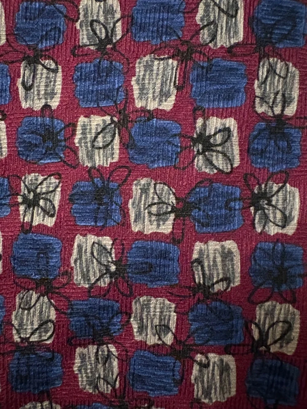 Vintage TMB Classic Clothing Hand-Crafted Silk Geometric Tie Burgundy Blue